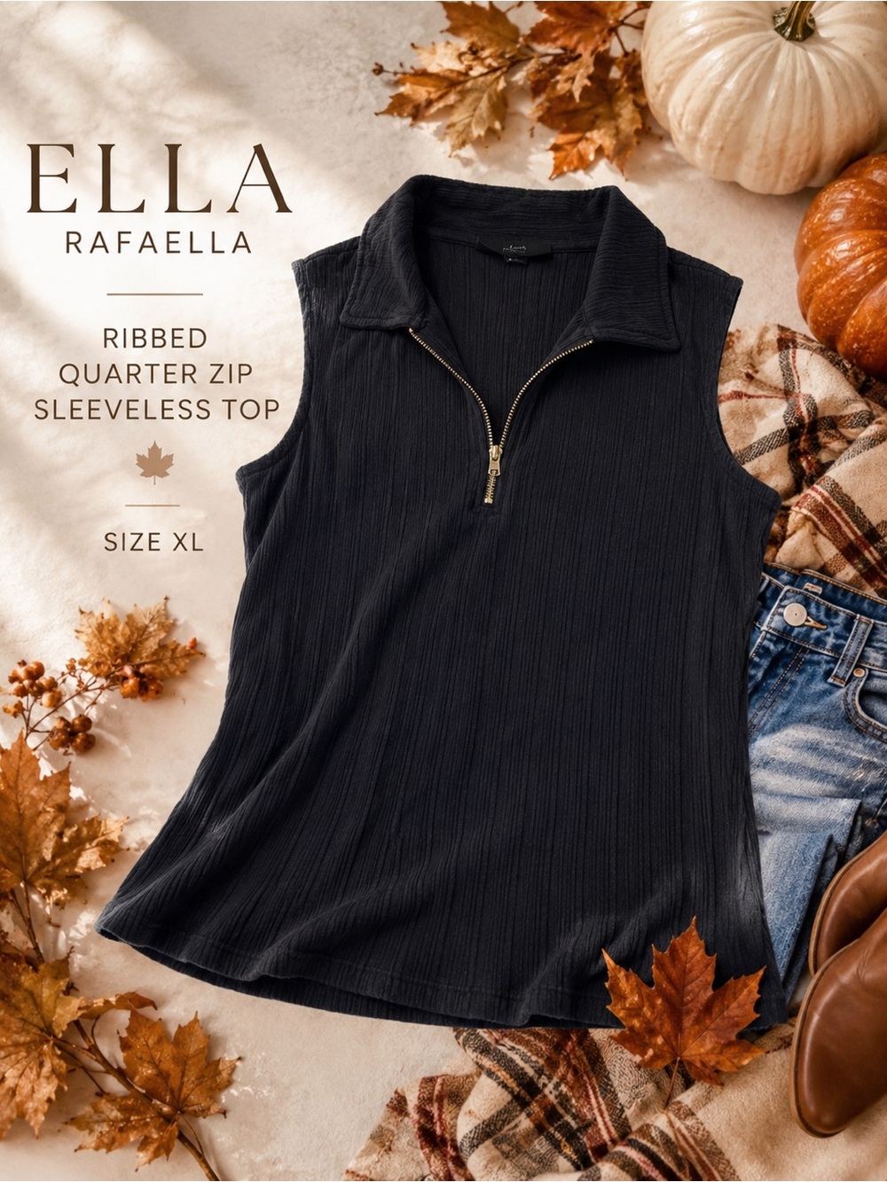 Ella Rafaella XL Black Ribbed Sleeveless Quarter Zip Collared Top Stretch - Picture 3 of 10